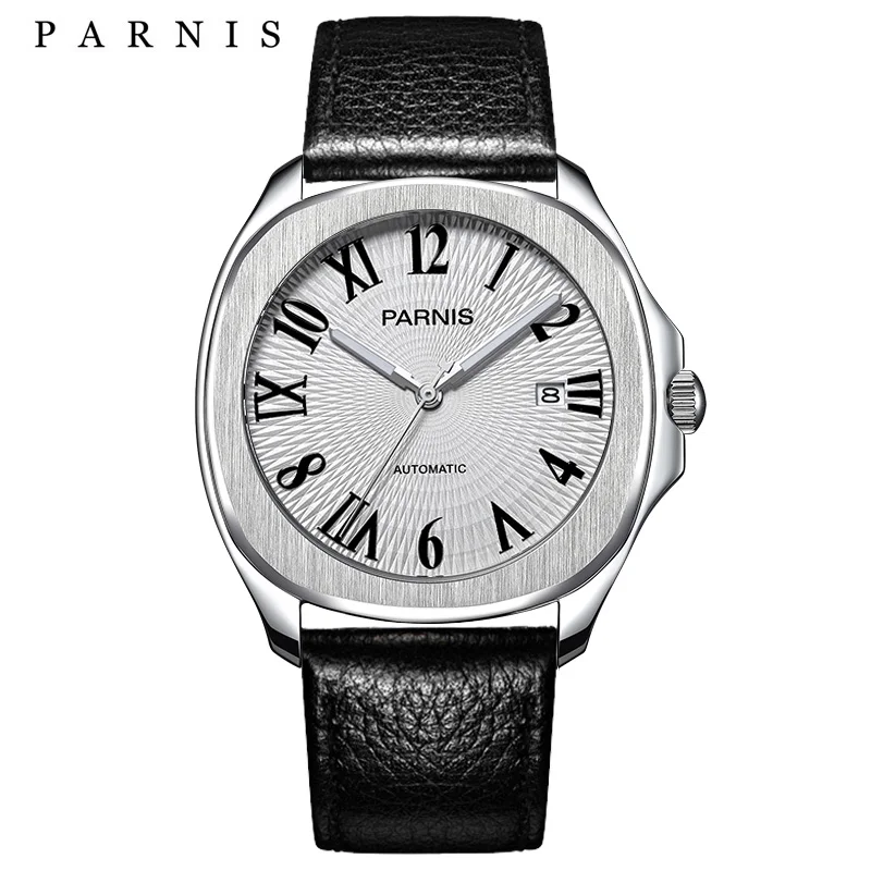 Fashion Parnis 40mm White Dial Automatic Mechanical Men's Watch Sapphire Crystal Leather Strap Men Sports Watches reloj hombre