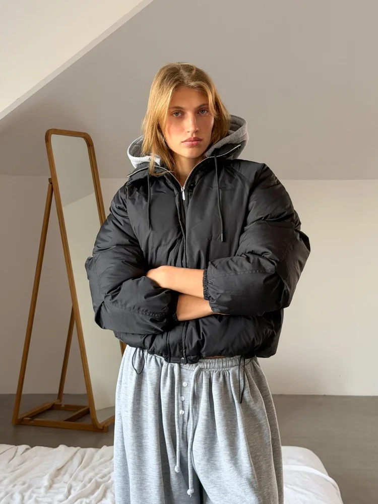 Fashion Gray Hat Patchwork Black Short Coat Drawstring Hem Loose Zipper Women Winter Jacket Casual Street Daily Outwear 2026