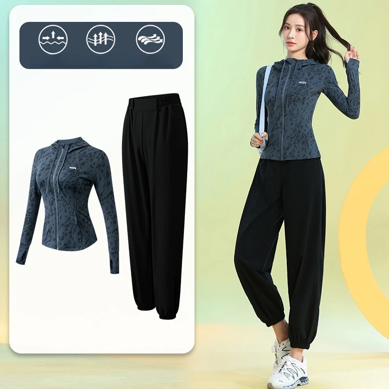 Women's Running Suits Long Sleeve Floral Zip Hoodie Jogger Pants Quick Dry 2 Piece Workout Gym Fitness Sports Training Gear