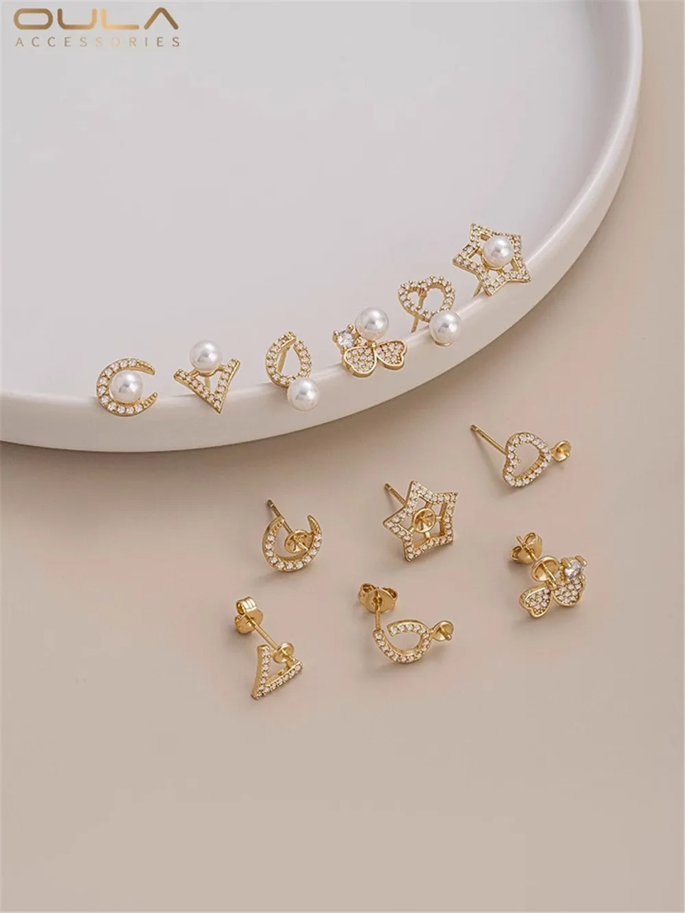 

14K Gold Microinset Zircon V-shaped Moon Pentacle Half-hole Pearl Earrings Diy Earring Materials