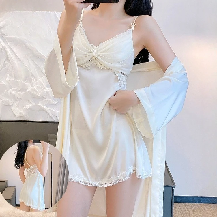 

Комплект из двух предметов: халат и ночная сорочка для женщин, шелковистый атласный комплект для сна, интимное белье, летняя кружевная ночная сорочка, кимоно, домашняя одежда