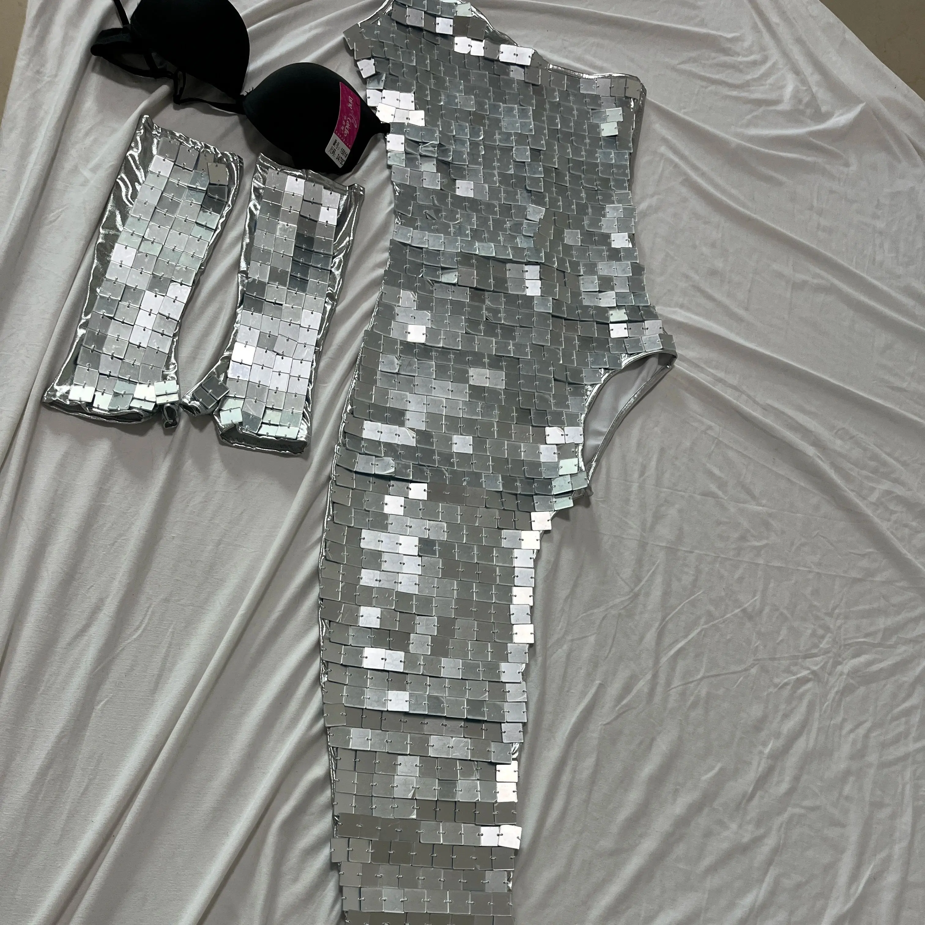 Hand Sewn Futuristic Silver Mirror Disco Cutout Asymmetric Catsuit with Matching Mirror Arm Sleeves Club Stage Outfit