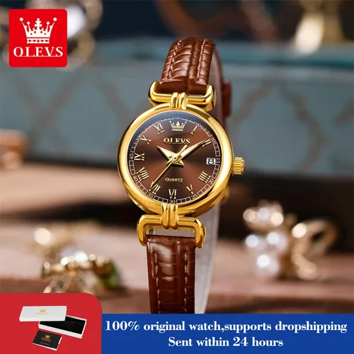 OLEVS 5645 reloj de mujer con correa de cuero y fecha reloj de cuarzo para mujer espejo de alta dureza escala romana reloj de mano a la moda para mujer