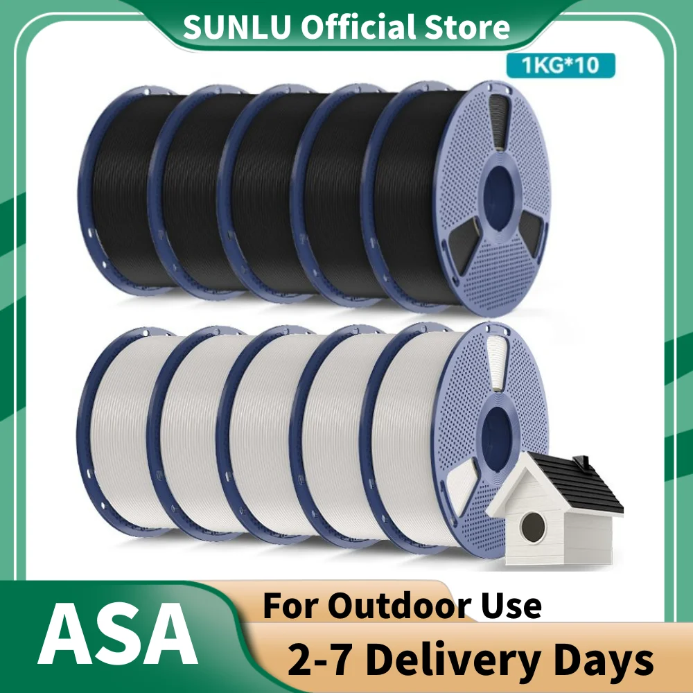 Filament d'imprimante 3D SUNLU 10KG ASA 1.75mm, 1KG/bobine, 100% sans bulles, haute résistance aux intempéries et à la chaleur (90 ° C), pour utilisation extérieure.