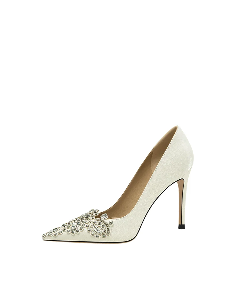 Spring pointed shallow mouth silk surface rhinestone wedding shoes banquet large size small size widened high heels women's shoe