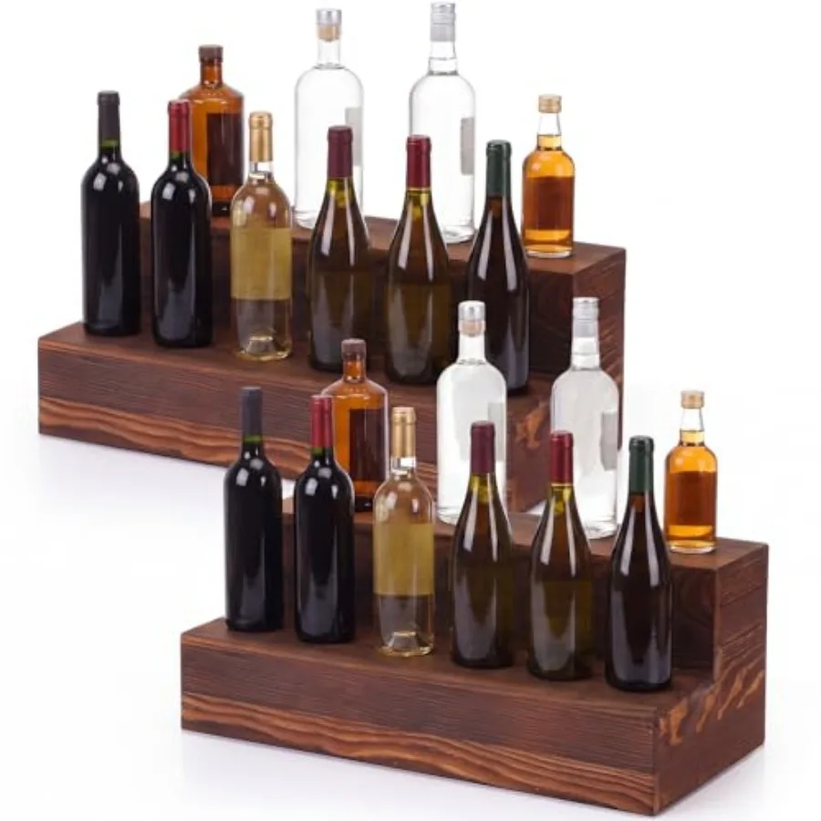 

2 Pack 2 Tier Solid Wood Liquor Bottle Display Shelf Coffee Syrup Mini Countertop Bar Shelves Tabletop Wine Rack Home Bar Organ