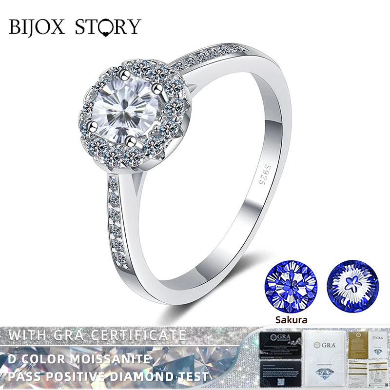 BIJOX STORY Multi Cuttings 1 Carat Moissanite Ring for Women S925 Sterling Silver Fine Jewelry Love 100 Plum Blossom Sakura Ring