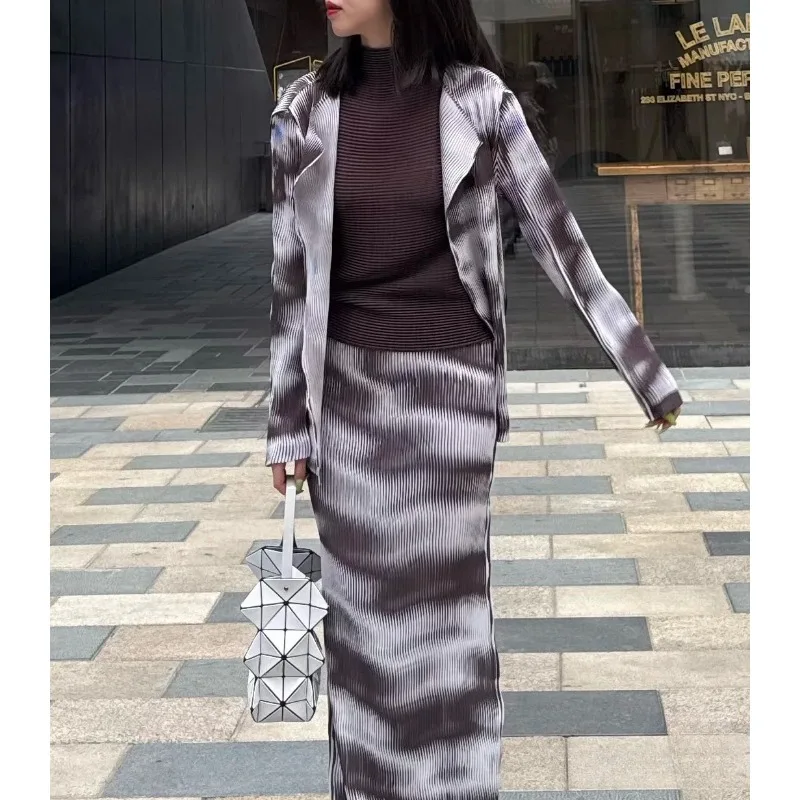Miyake novo cardigan feminino jaqueta superior plissado estiramento cintura elástica meia saia moda temperamento fino commuter terno