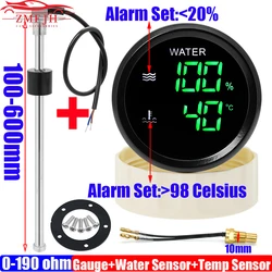 Misuratore digitale 2 in 1 doppio da 52 mm con allarme Sensore di livello dell'acqua 0-190 OHM per misuratore di livello dell'acqua + indicatore della temperatura dell'acqua Auto Car 12V 24V