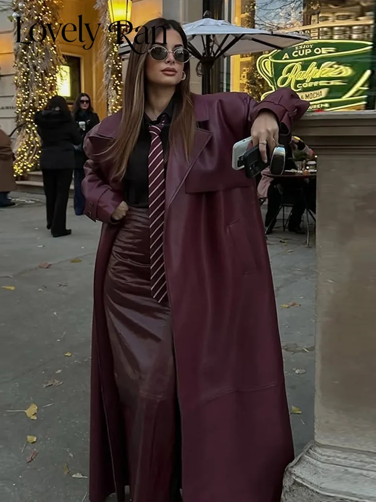 Fashion Women Winter Coat Faux Leather Lapel Belt Pockets Full Sleeve Long Jacket Chic Lady Streetwear Office Commute Autumn