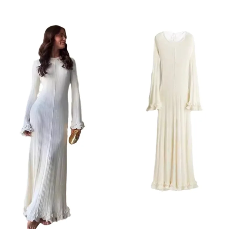 Moda retro sem costas manga longa vestido de verão sexy spice girl plissado onda borda bege bodycon vestidos de tricô feminino