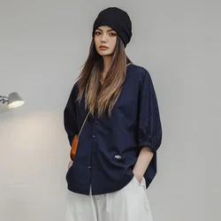 Maden camicia a maniche 3/4 per donna camicetta allentata manica a pipistrello Casual traspirante colletto alla coreana top camicia blu primavera ed estate