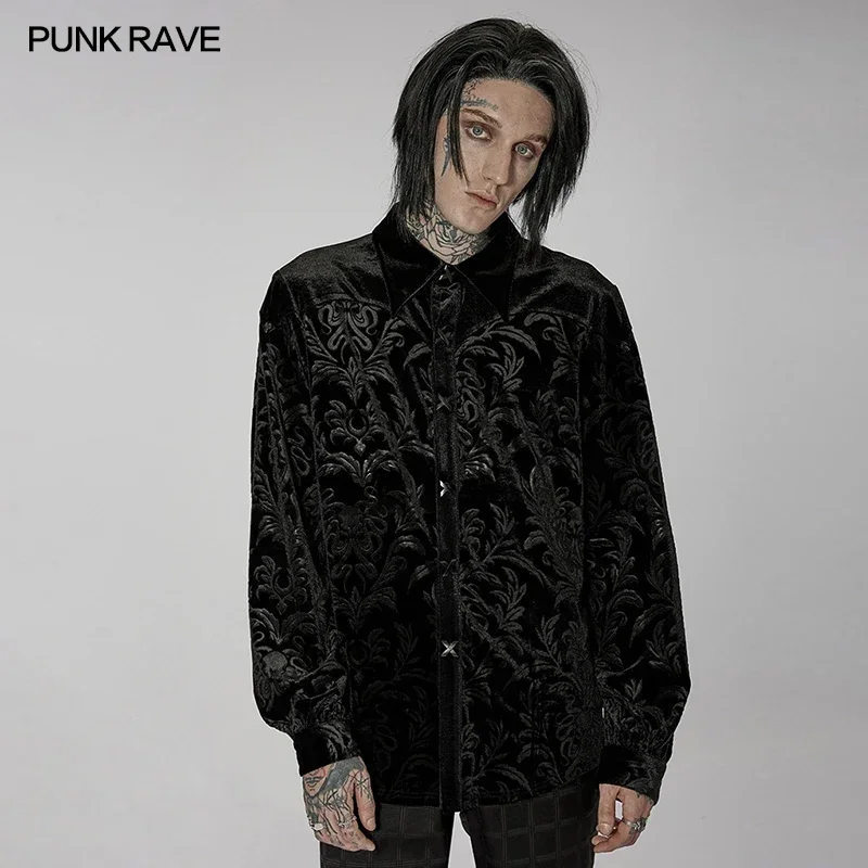 PUNK RAVE Men's Gothic Octopus Embossed Velvet Loose Goth Print Shirt Gorgeous Party Long Sleeve  Tops Autumn/Winter