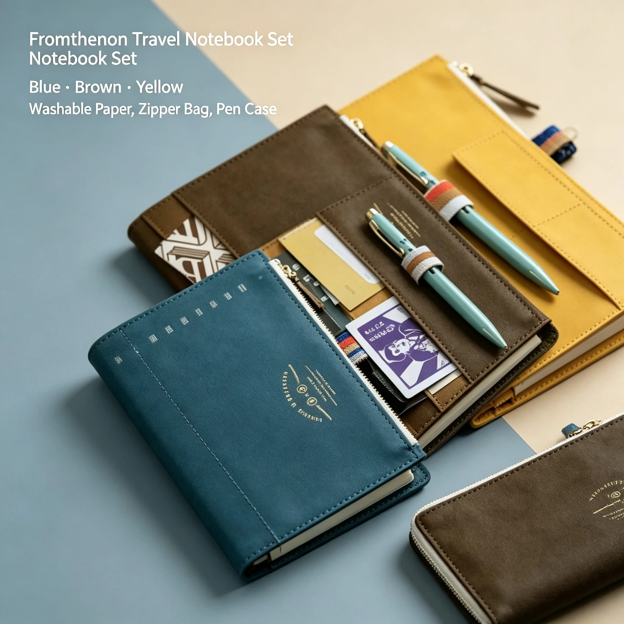 Washable Special Paper Travel Journal Notebook with Zipper Bill Pouch, Multi Pocket Stationery Storage Pen Bag, 3 Colors Optiona