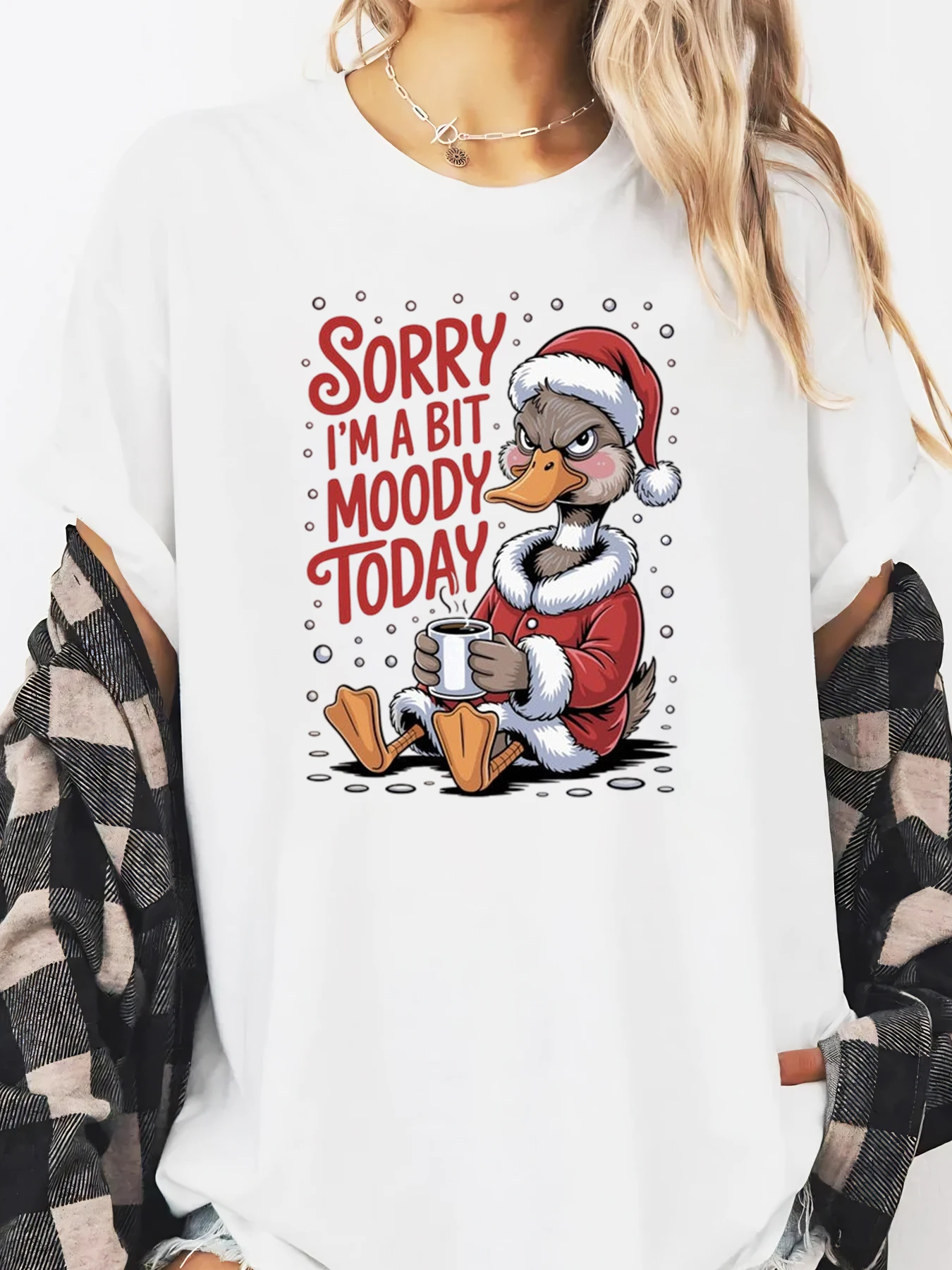 Camiseta de manga larga con estampado navideño de pato Santa, Sorry I'm a Bit Moody Today, ropa informal para vacaciones para mujer, talla grande blanca