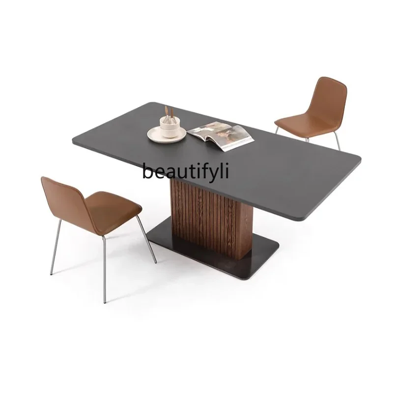 

cqySolid wood rock slab dining table and chair combination household light luxury modern simple black dining table