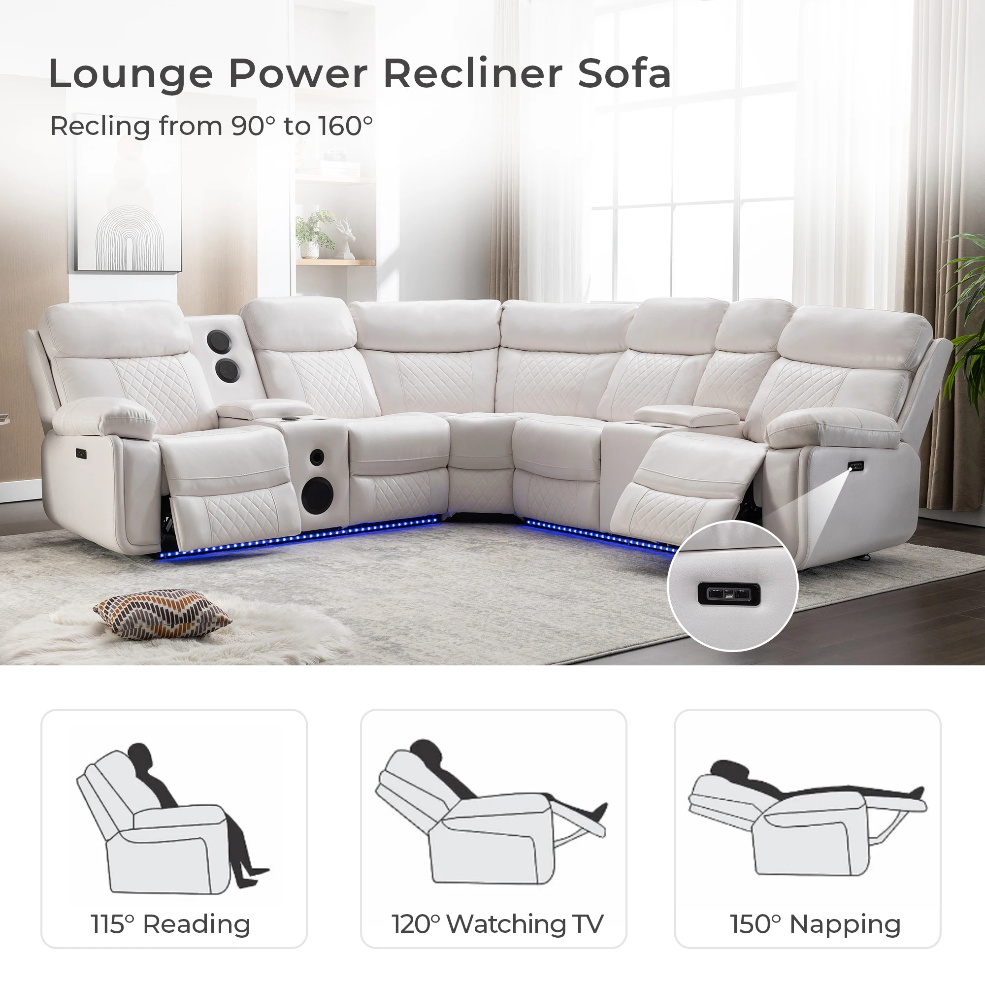 Power Recliner Sofa Sectional Couches With Bass Speakers For Living Room Faux Leather Reclining Corner Sectionals Couch (M047)