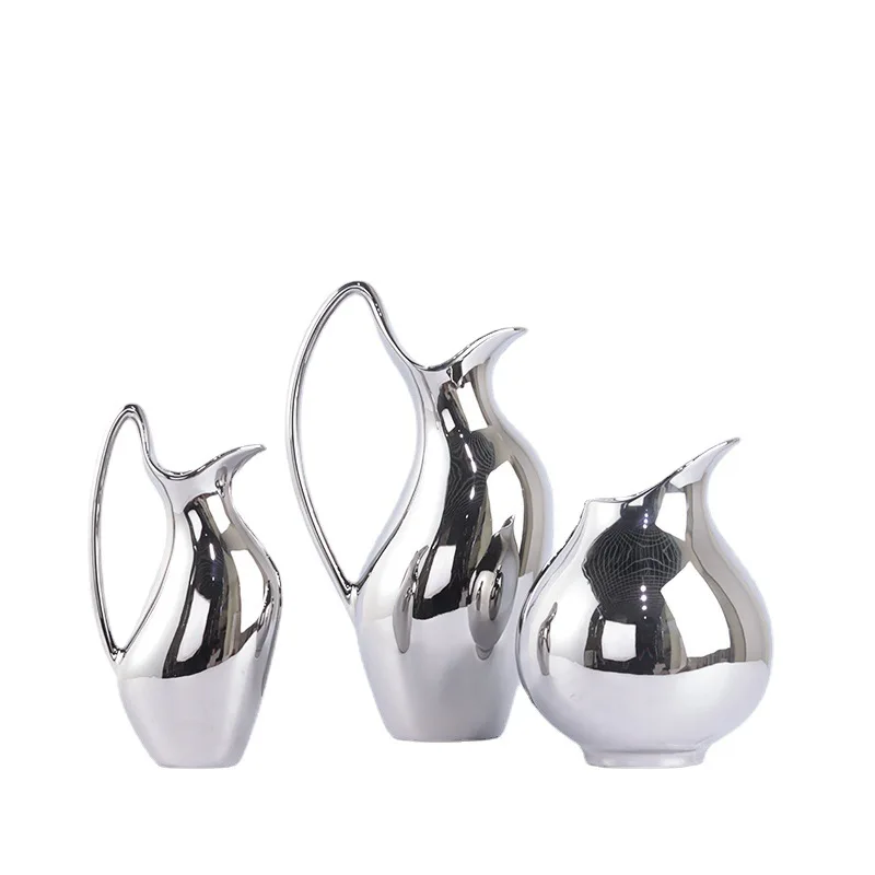 

Stainless steel silver ceramic vase ornament cold kettle flower device high-end swan neck