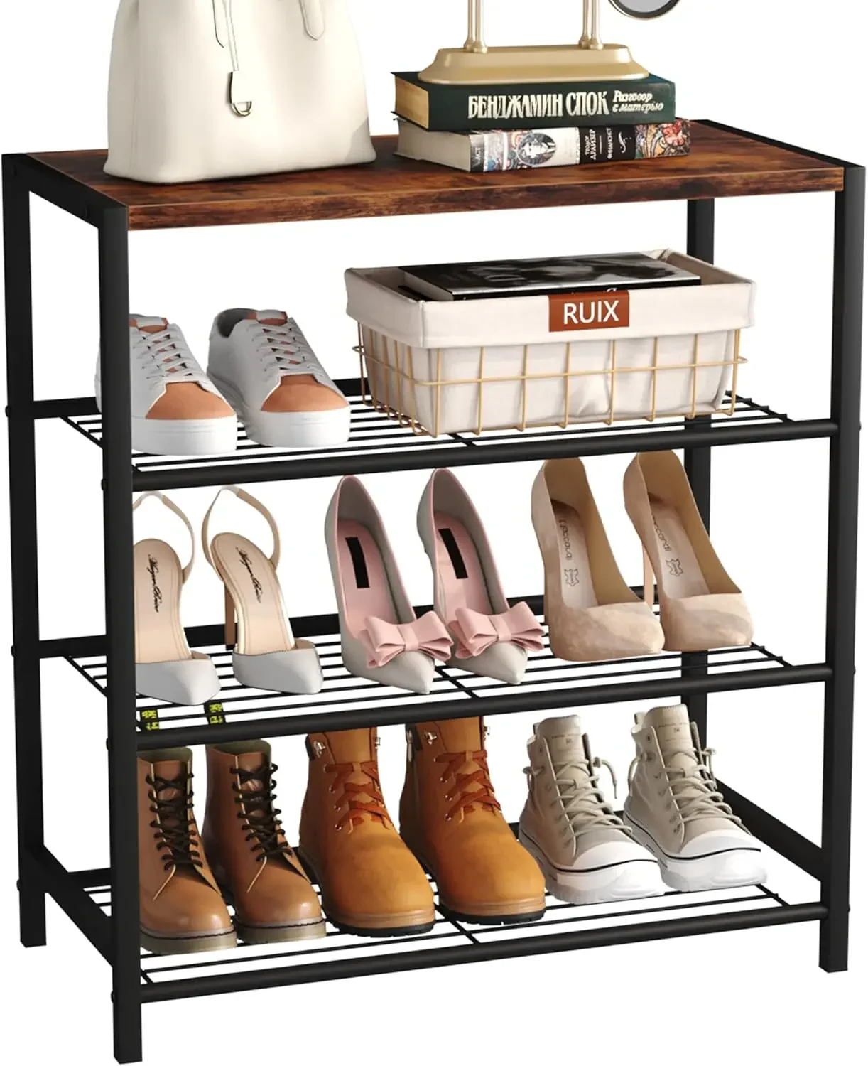 

NEW Shoe Rack, 4 Tier Shoe Organizer Storage for Closet Entryway, Narrow Slim Metal Shoe Shelves with Industrial Wooden Top USA