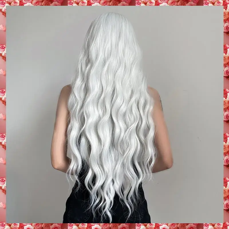 Parrucca lunga da donna con onda d'acqua Parrucca con frangia Parrucca setosa cosplay colorata bianca per le donne Festa quotidiana Capelli sintetici resistenti al calore -C