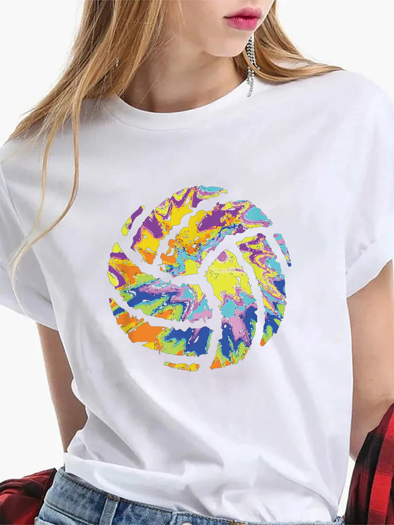 Colorful Volleyball Tie Dye Women Girl Player Short Sleeve Pattern Women\'s Summer T-Shirt Women\'s Printed Summer T-Shirt Tops