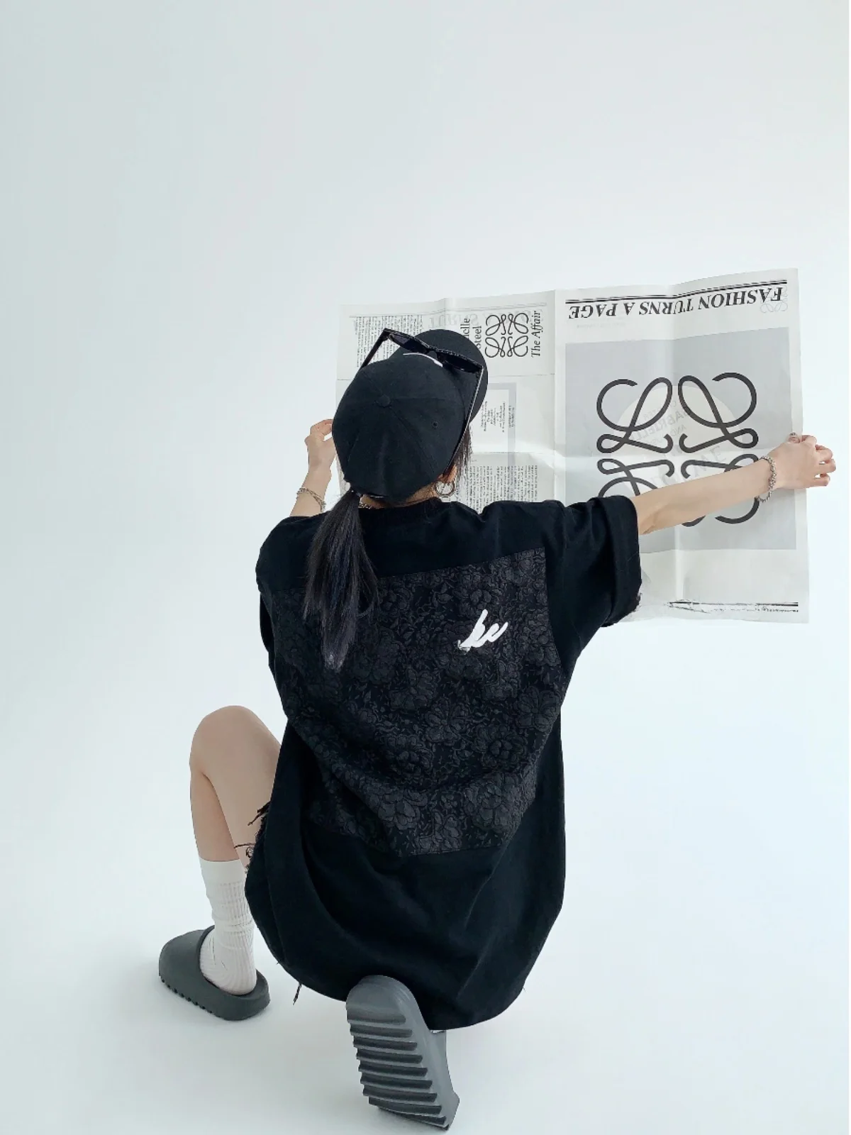 

Oversize Cotton ort Sve T-irt Street Sle Embroidery Patchwork Pure Cotton Summer Design Women's Trendy round Ne Top