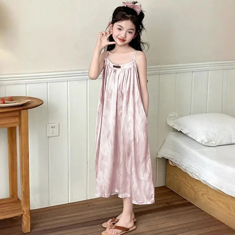 Simple Cute Style Girls Nightwear Summer Thin Solid Color Slip Dress Air Conditioned Clothing Children's Home Clothing Pajamas