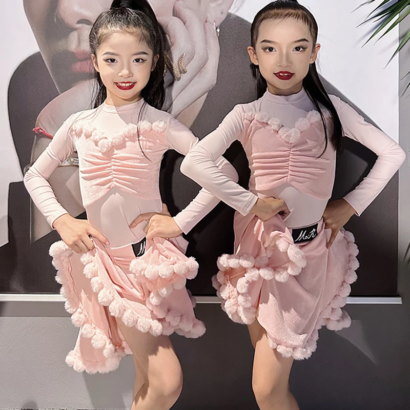 

Детское платье для бальных танцев, детская танцевальная одежда для выступлений, розовые платья для соревнований по латинским танцам для девочек, сценический костюм SL14393