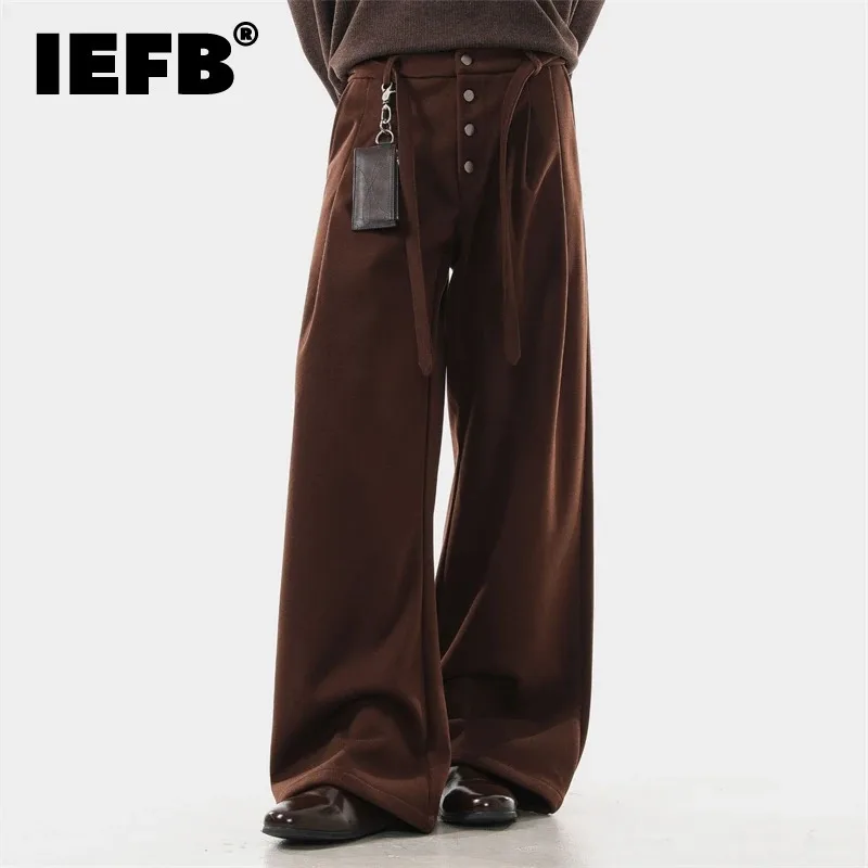 IEFB, pantalones de traje de doble pliegue para hombre, estilo americano, Vintage, sueltos, informales, rectos, pantalones largos, diseño de cinturón ajustable 9X2214