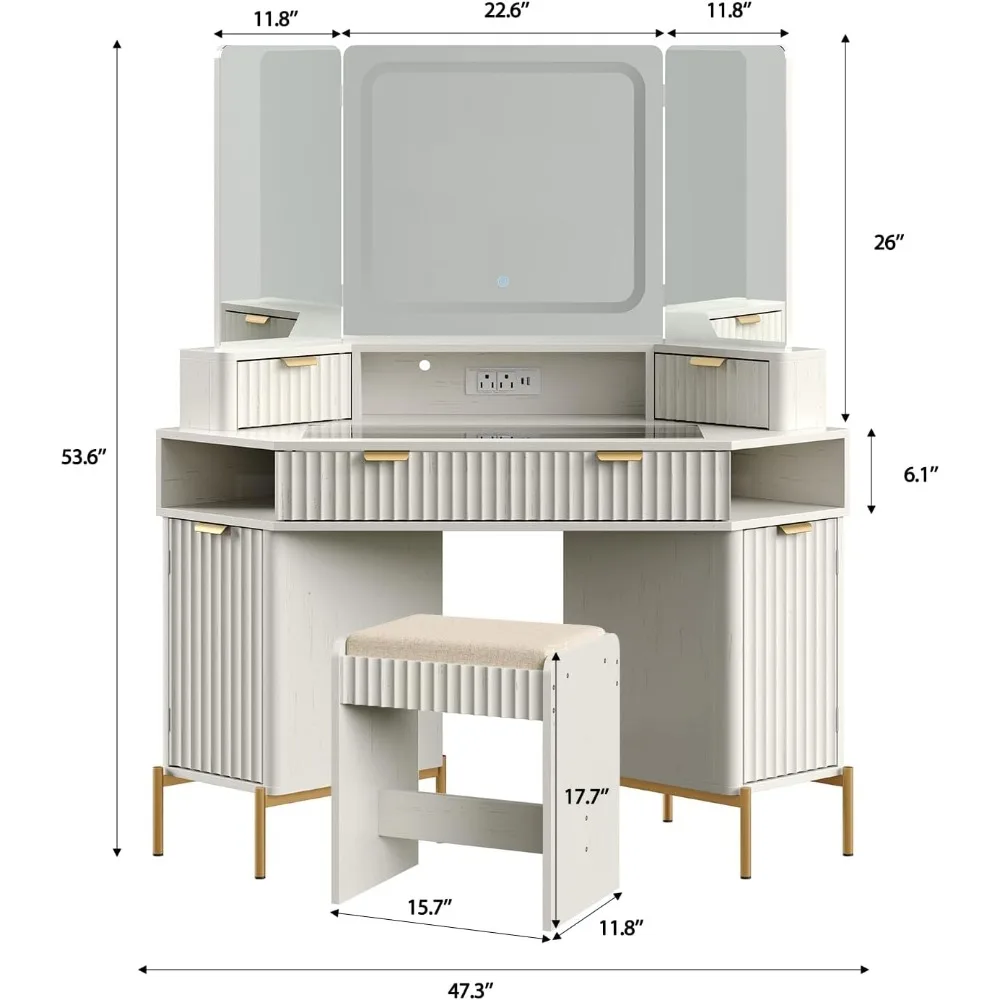 Scrivania da toeletta moderna da 48 pollici con triplo specchio e luci HD, grande tavolo da toeletta ad angolo con piano in vetro, stazione di ricarica, 1 multifunzione