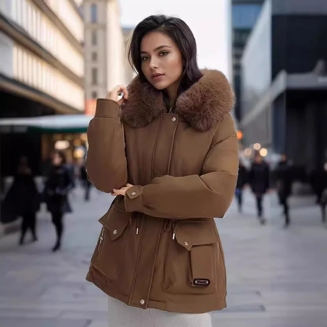 Casaco de inverno de pique engrossado feminino cintura emagrecimento com capuz jaqueta de algodão quente com gola de lã grande na moda