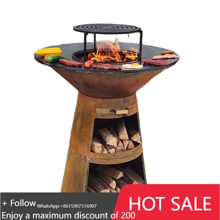

Barbecue Grill Outdoor Corten Steel Fire Pit Plancha with Firewood Storage
