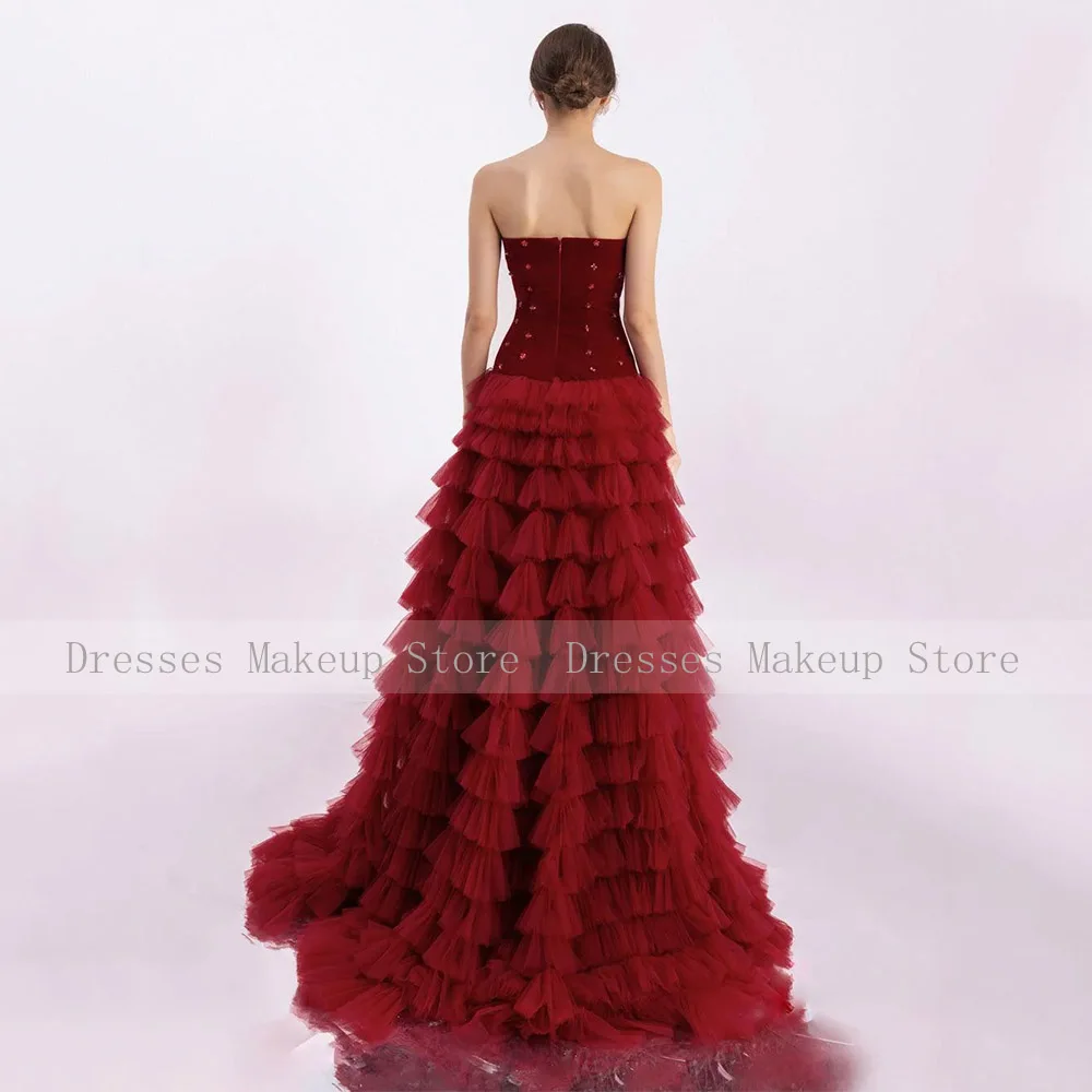 Vestidos de baile luxuosos em camadas babados cristal sem alças sem mangas vestidos formais femininos longo até o chão uma linha vestido de noite