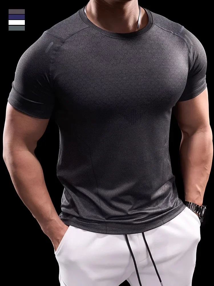 Men Sports Fitness Short-sleeved T-shirt Gym Running Training Top Quick-drying Breathable Stretch Tight Ice Silk Clothes Summer