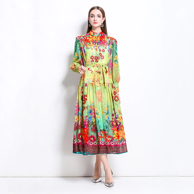 2025 New Spring Summer Women Print Flower Stand Collar Long Single Breasted Lace Up Bow Boho Party Holiday Dresses