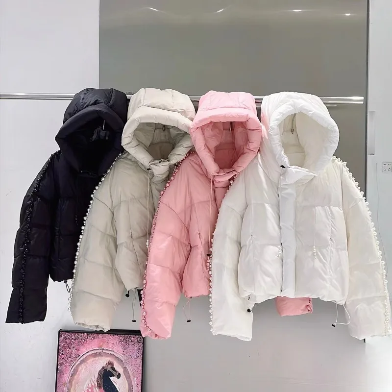 New White Hooded 90 White Duck Down Jacket Women's Winter Loose Versatile Thickened Pearl Parkas Long Sleeves Zipper Black Coat