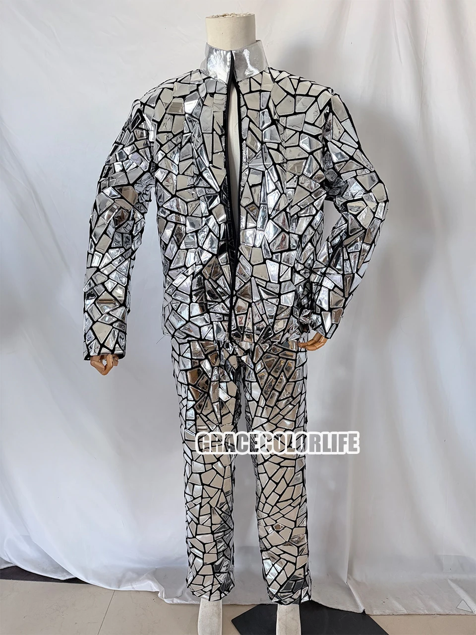 Silver Mirror-Finish Men's Masquerade Costume Reflective Dance Crew Outfit Bar Stage Performance Wear Holiday Party Attire