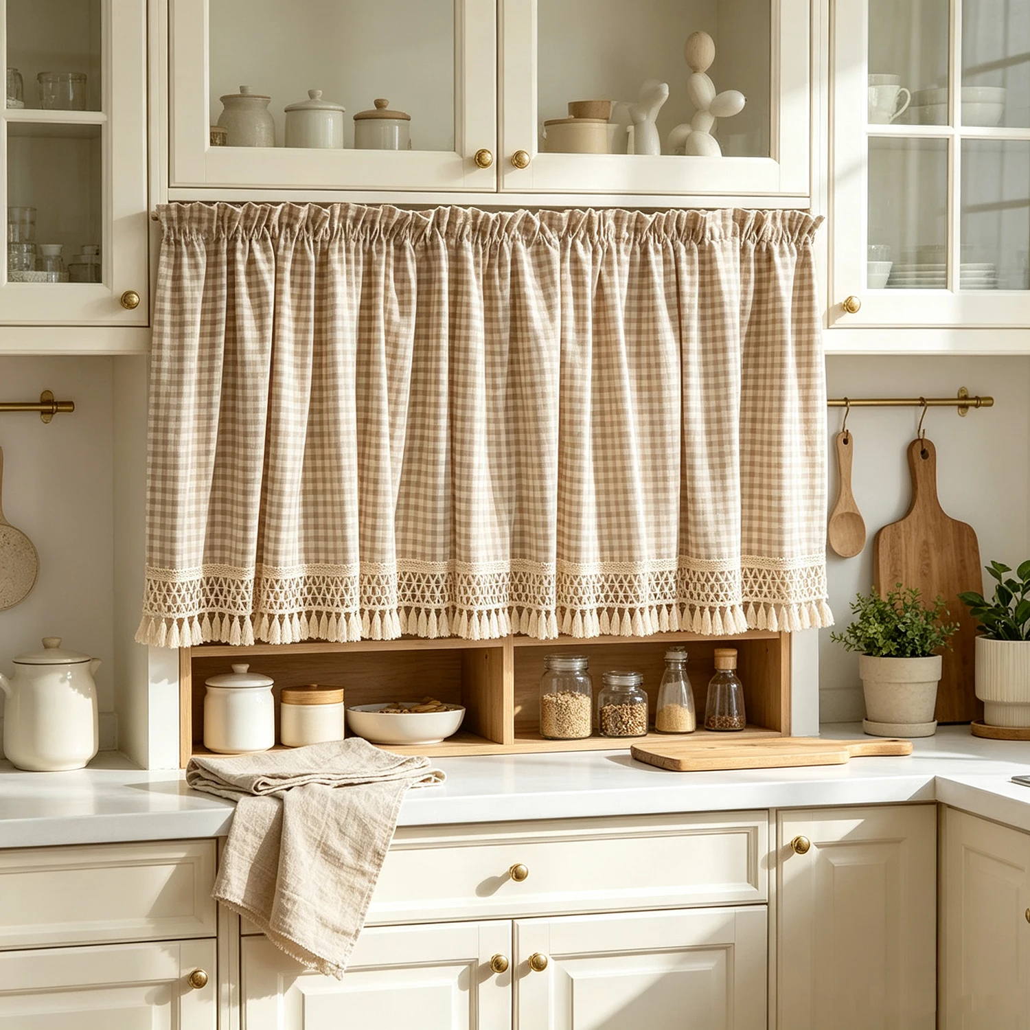 Farmhouse Checkered Cabinet Curtain&Window Tier with Adjustable Drawstring Header,with Free S-Hooks,Short Curtian for Kitchen