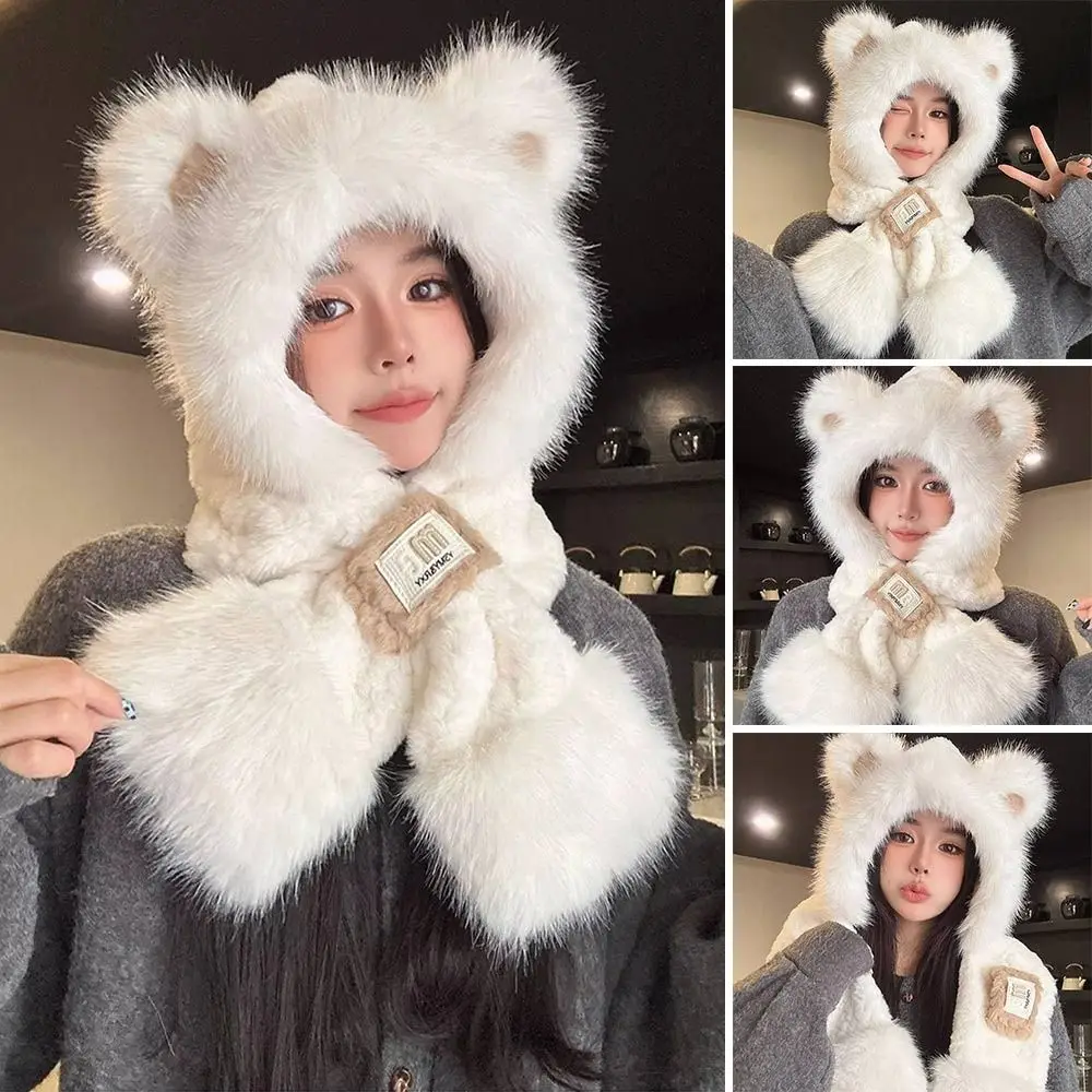 Fashion Plush Winter Integrated Cap Scarf Windproof Warm Beanie Hat Scarf Soft Casual Neck Warmer Cycling