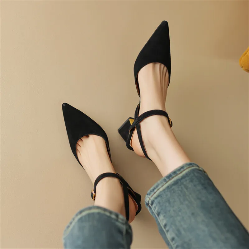 New Summer Sandals Sheep Suede Women Sandals Pointed Toe Back Strap Chunky Heel Shoes for Women Casual Shoes Zapatos De Mujer