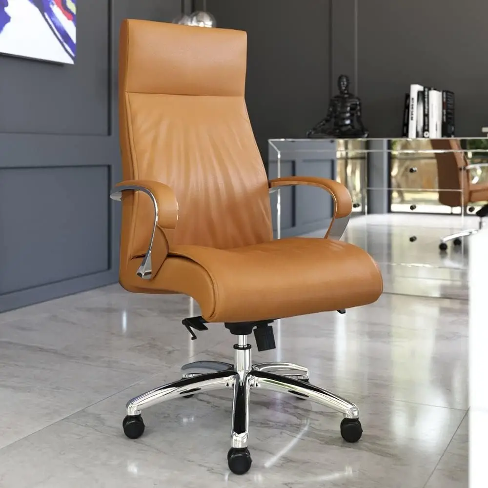 Forbes Genuine Leather Aluminum Base High Back Executive Chair - Tan