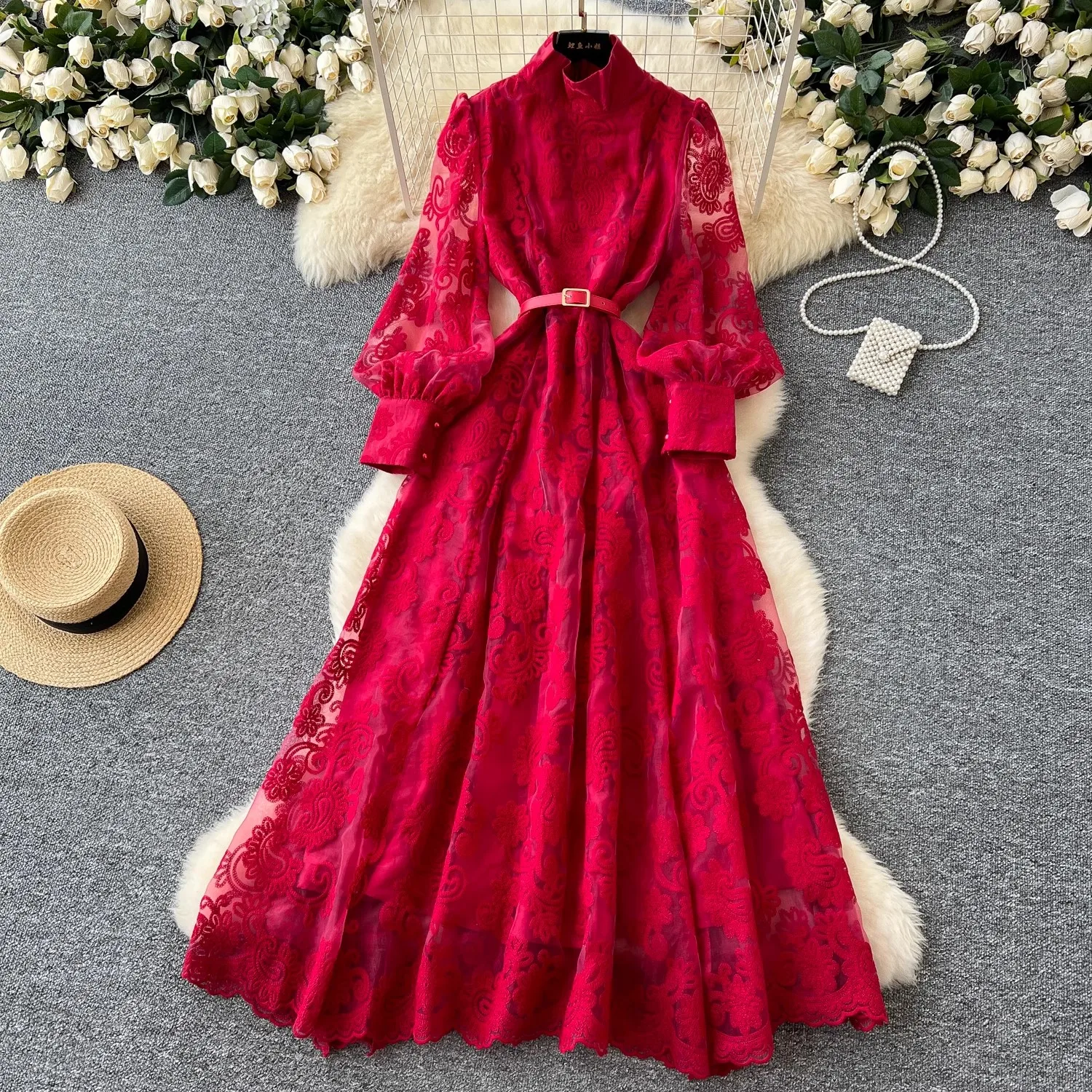 

Elegant Maxi Dress Lace Mesh Embroidery Stand Neck Lantern Sleeve Long Party Robe for Women 2025 Femme Vestidos De Mujer