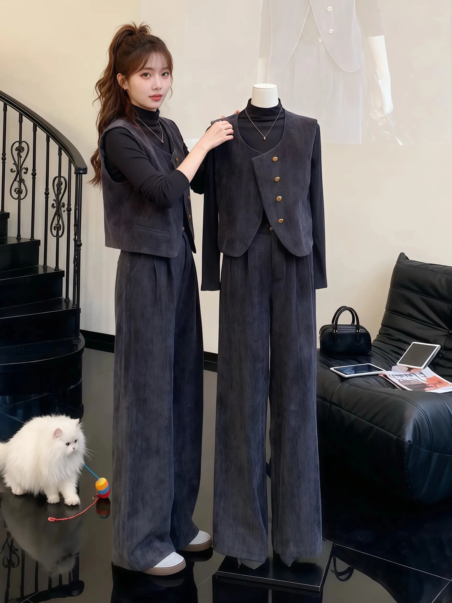 

Grey Elegant Vest Set Women's Spring Autumn High Waist Wide Leg Pants Three Pieces Suite Fashion Casual Style Adult Women