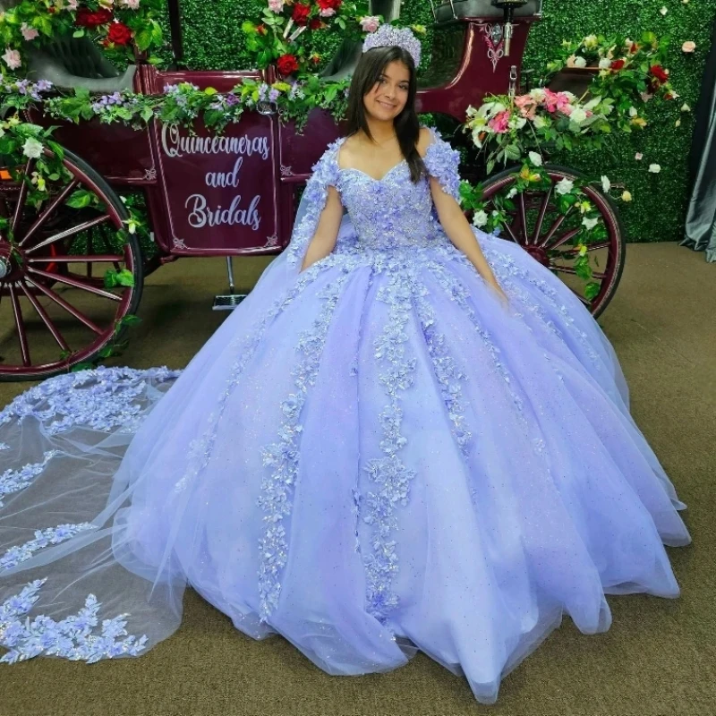 

Luxury Sweetheart Sky Blue Quinceanera Dress With Cape Party Gown Princess Lace Appliques Flower Off The Shoulder For 16 Years