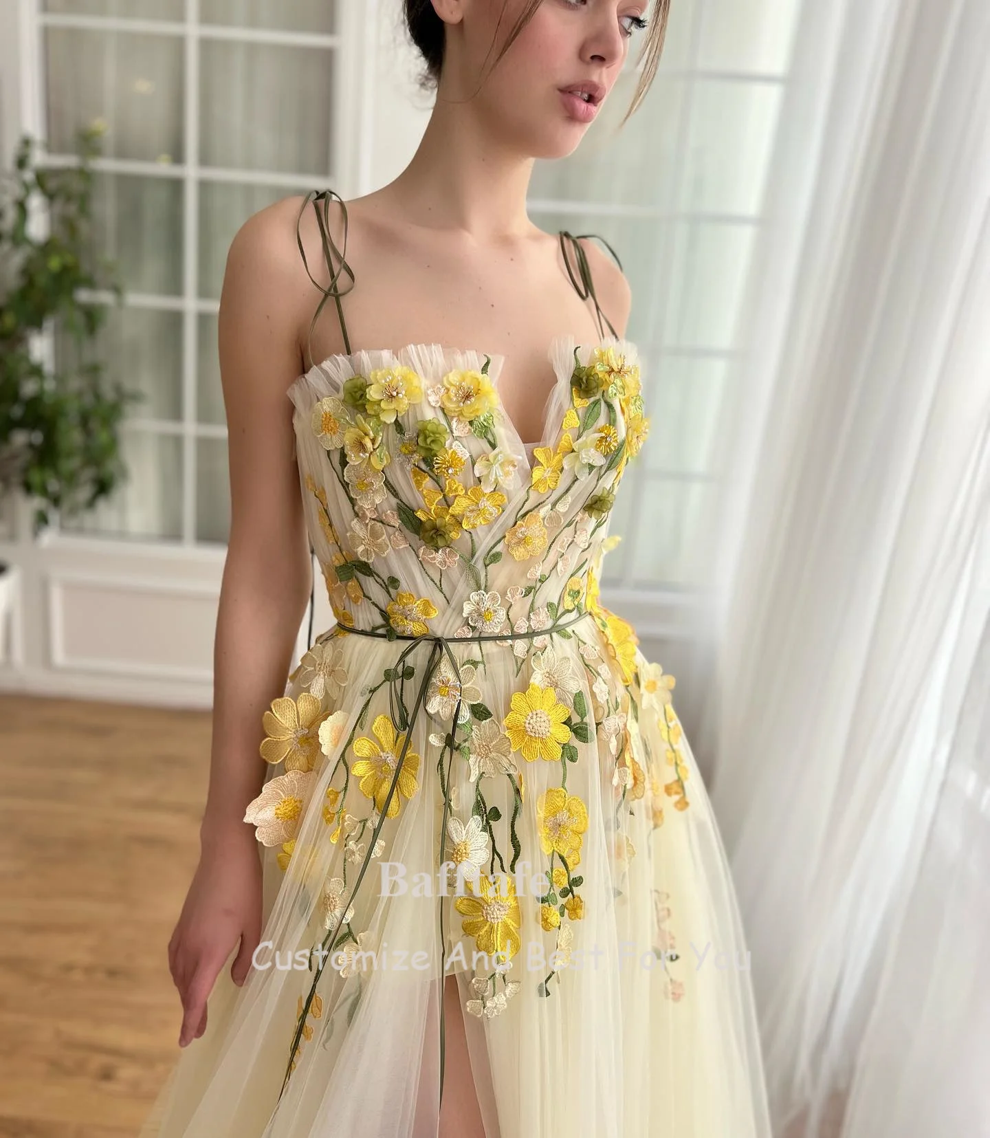 Bafftafe Fairy Floral Embroidery Prom Dresses Yellow Tulle Straps High Slit Formal Special Occasion Wedding Party Evening Gowns