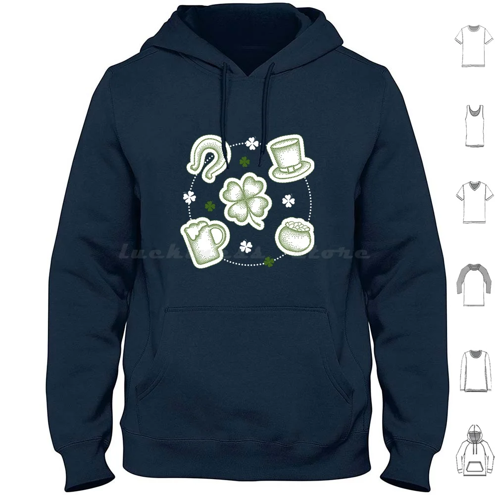 Design Patch For Day. Hoodies Long Sleeve Day Symbol Patch Dots Dotwork Pointillism Leaf Clover Shamrock Pot Coins