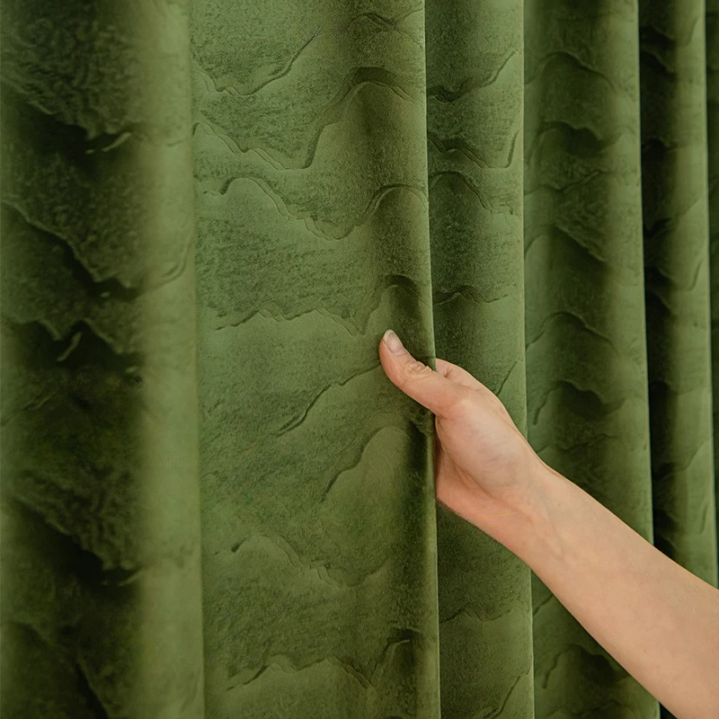 Tende in velluto goffrato oscurante con paesaggio verde di lusso leggero francese per il prodotto finito della camera da letto della sala da pranzo