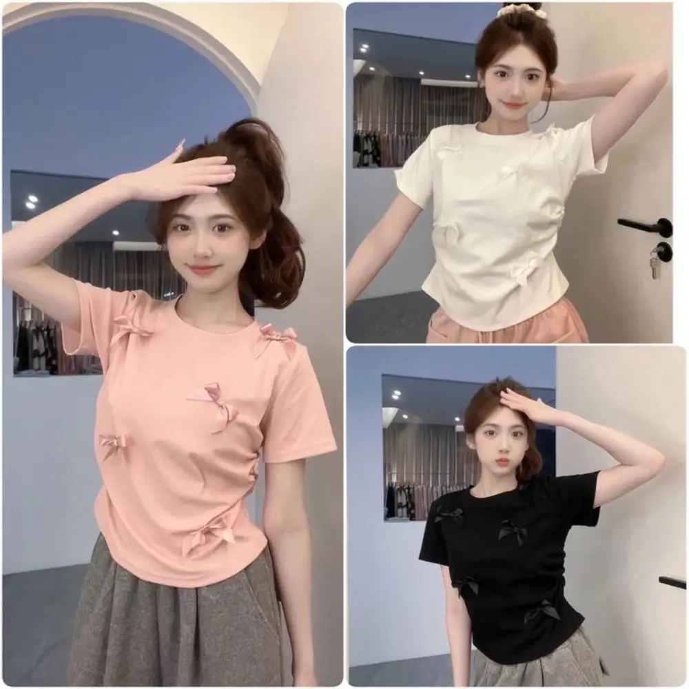 Elegant Ballet Bowknot T Shirts Round Collar Japanese Style Women Top Solid Color Short Sleeve Ribbon Crop Tank Top Women Girl