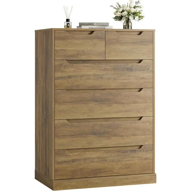 Modern 6 Drawer Dresser for Bedroom, Tall Chest of Drawers with Storage, Large Wood Storage Chest Organizer with Cut-Out Handle