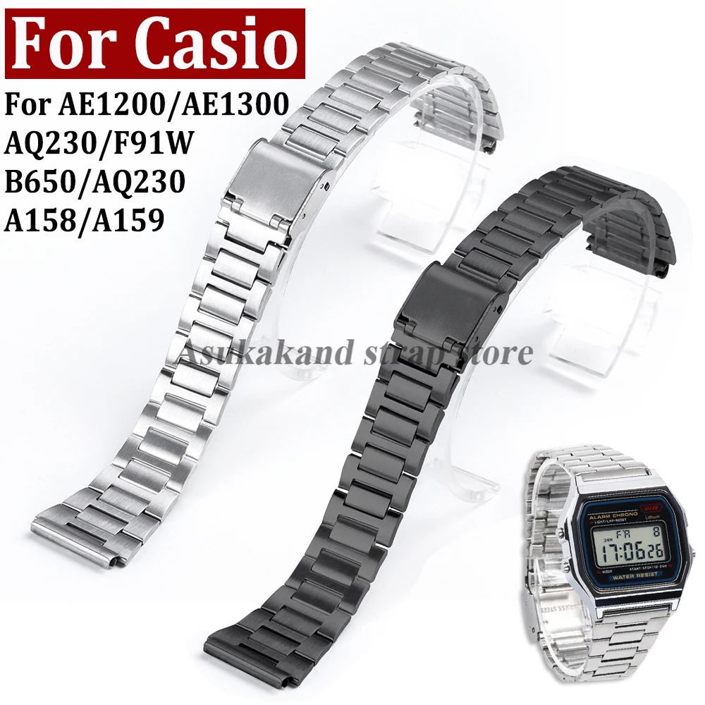 Edelstahl-Uhrenarmband 18 mm für Casio für A158/A159/AQ230/F91W/AE1200/AE1300/B650/AQ230 MetallarmbandHerren-Ersatzarmband